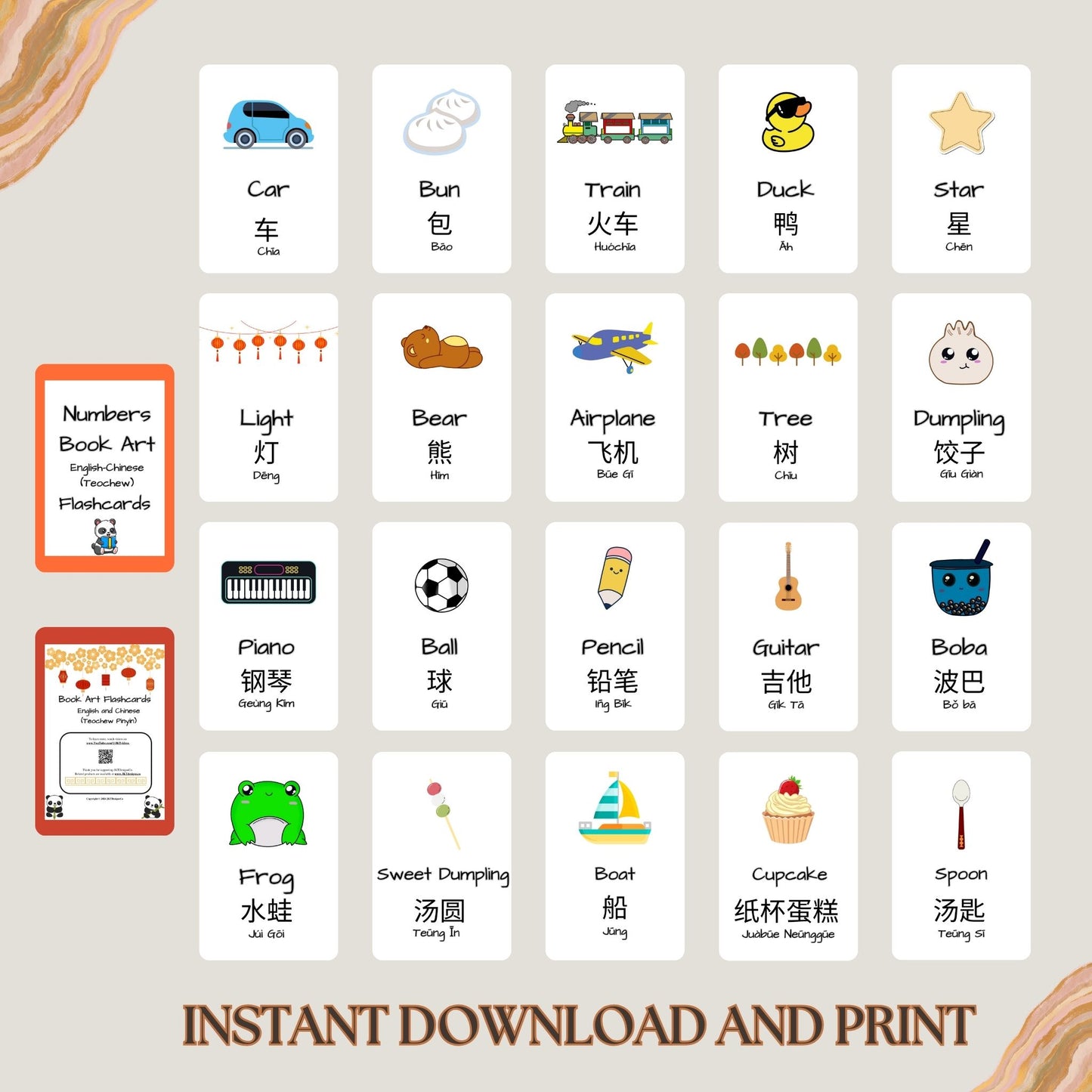Book Art - English/Chinese (Teochew) Digital Printable Flashcards - PDF, JPG