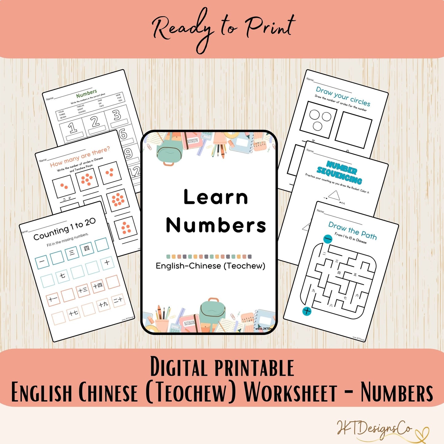 Numbers - English/Chinese (Teochew) Digital Printable Practice Worksheets - PDF