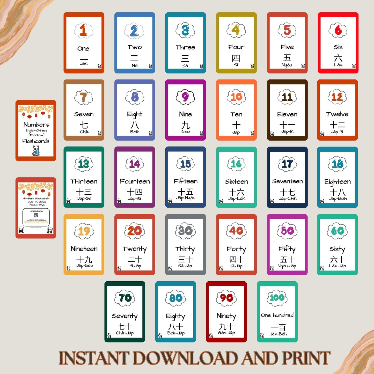 Numbers - English/Chinese (Teochew) Digital Printable Flashcards - PDF, JPG