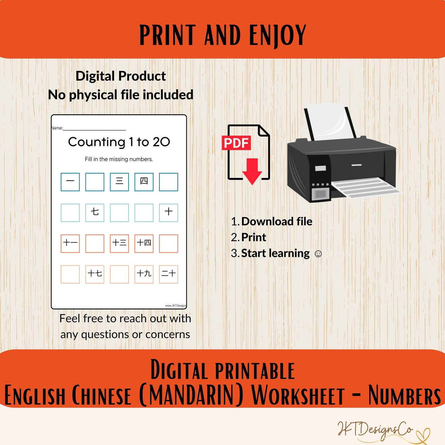 Numbers - English/Chinese(Mandarin) Digital Printable Practice Worksheets - PDF