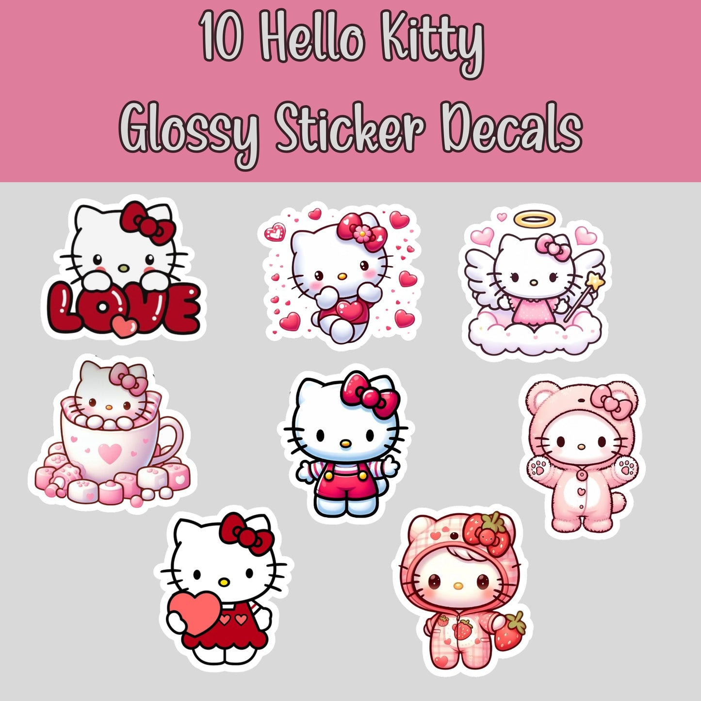 10 Hello Kitty, Sweet Valentines, Kawaii Cute Kitty Glossy Vinyl Sticker Decals
