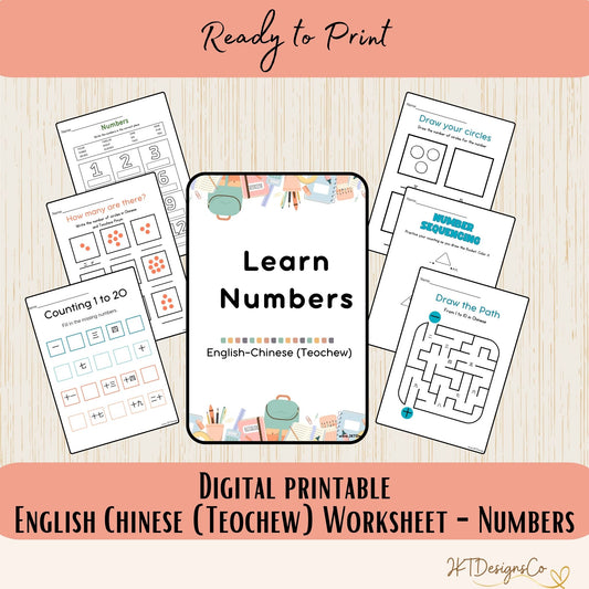 Numbers - English/Chinese (Teochew) Digital Printable Practice Worksheets - PDF