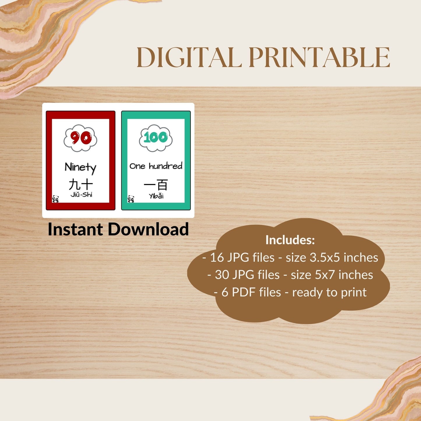 Numbers - English/Chinese(Mandarin) Digital Printable Educational Flashcards - PDF, JPG